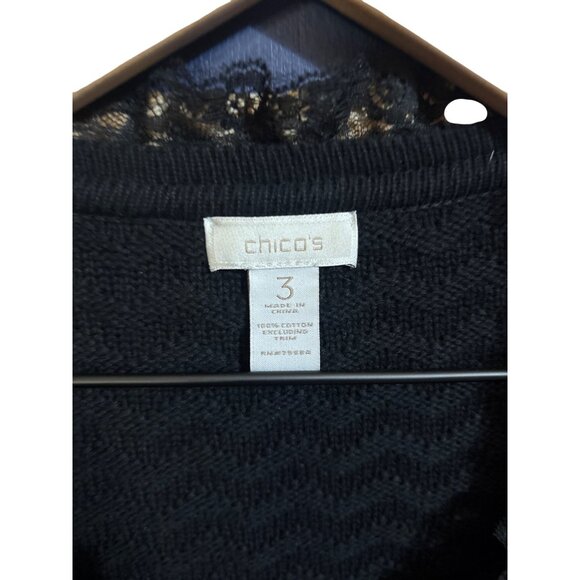 Chicos Black Open-Front Cardigan With Gold Ruffle Trim Size XL Cotton Blend - Picture 3 of 4